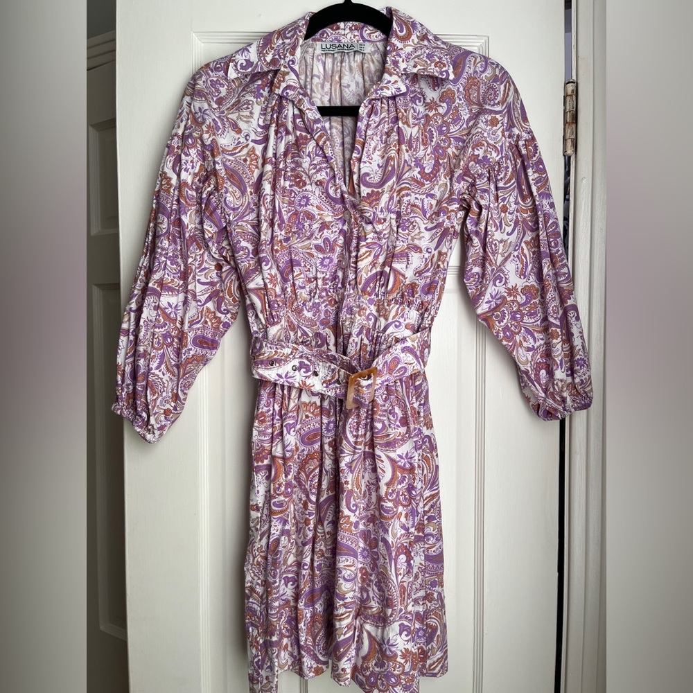 LUSANA Paisley Print Purple Belted Dress